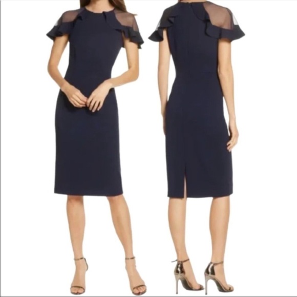 Eliza J Ruffle Shoulder Cocktail Dress Navy Scuba Crepe Wedding Evening Party - Picture 5 of 14